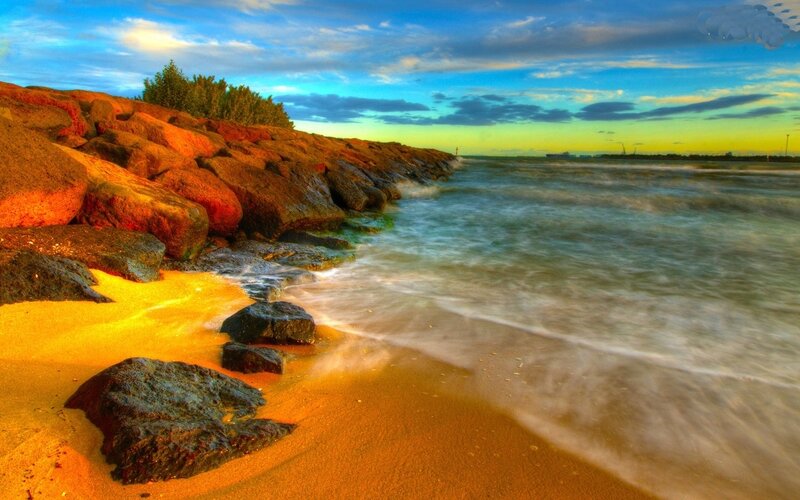 Rocks on Sandy Beach — Blue, Serene, Sunset