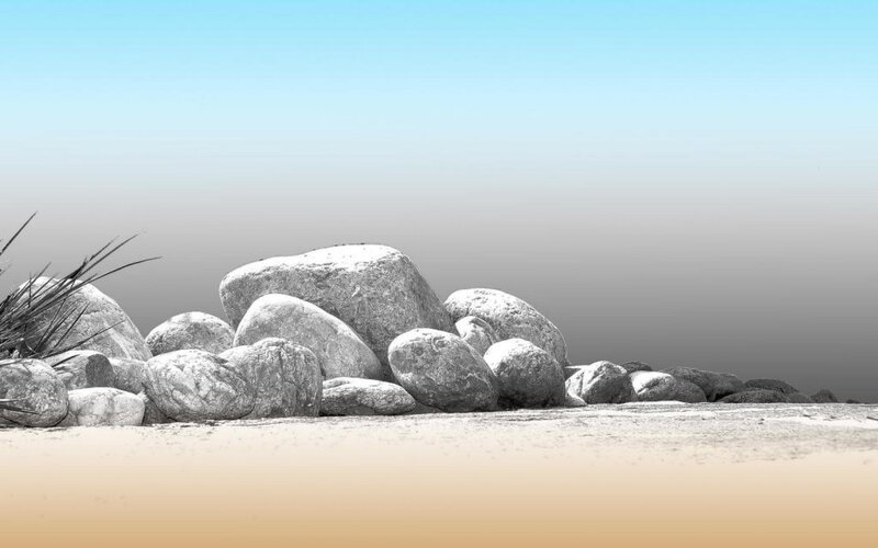 Rocks on Sandy Beach — Blue, Serene