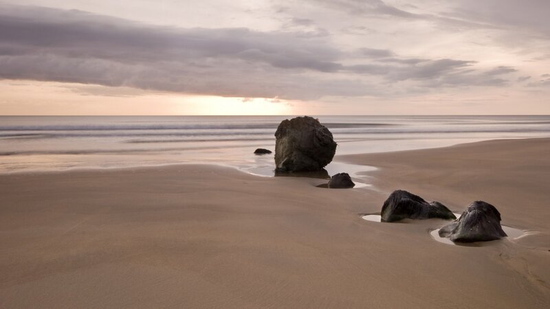 Rocks on Sandy Beach — Brown, Serene, Sunset, Photograph