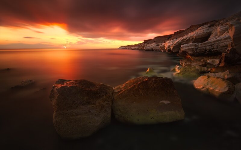 Rocks on Seashore — Orange, Dramatic, Sunset