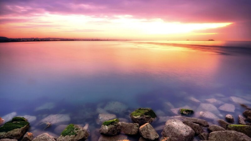 Rocks on Seashore — Purple, Serene, Sunset, Photograph, Sea, Sky