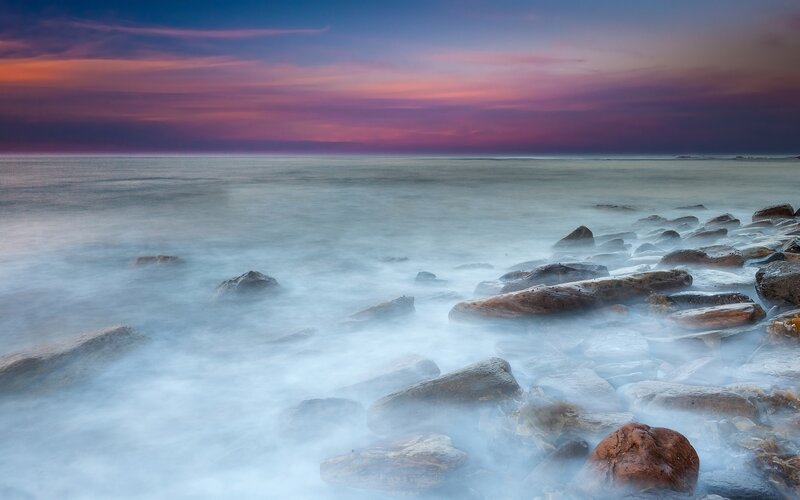 Rocks on Seashore — Purple, Serene, Sunset