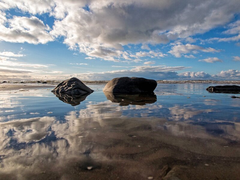 Rocks on Wet Beach — Blue, Serene, Afternoon