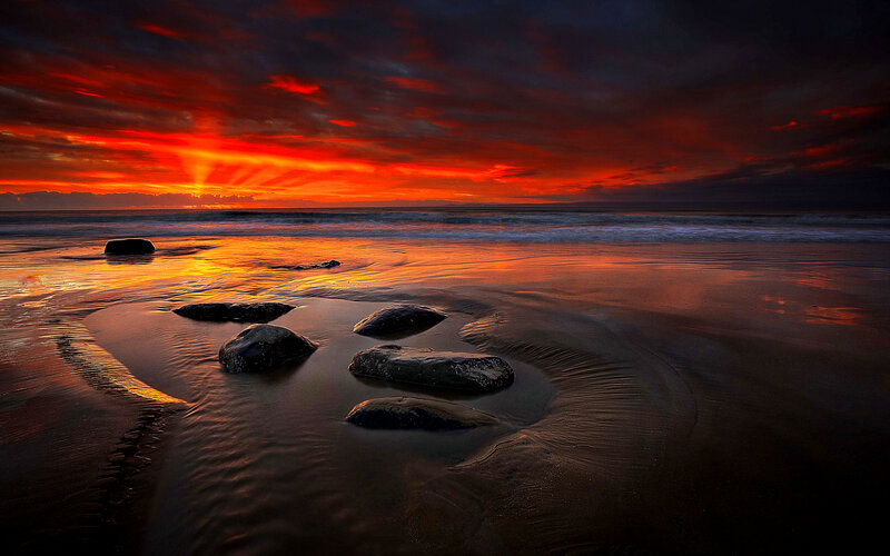 Rocks on Wet Beach — Red