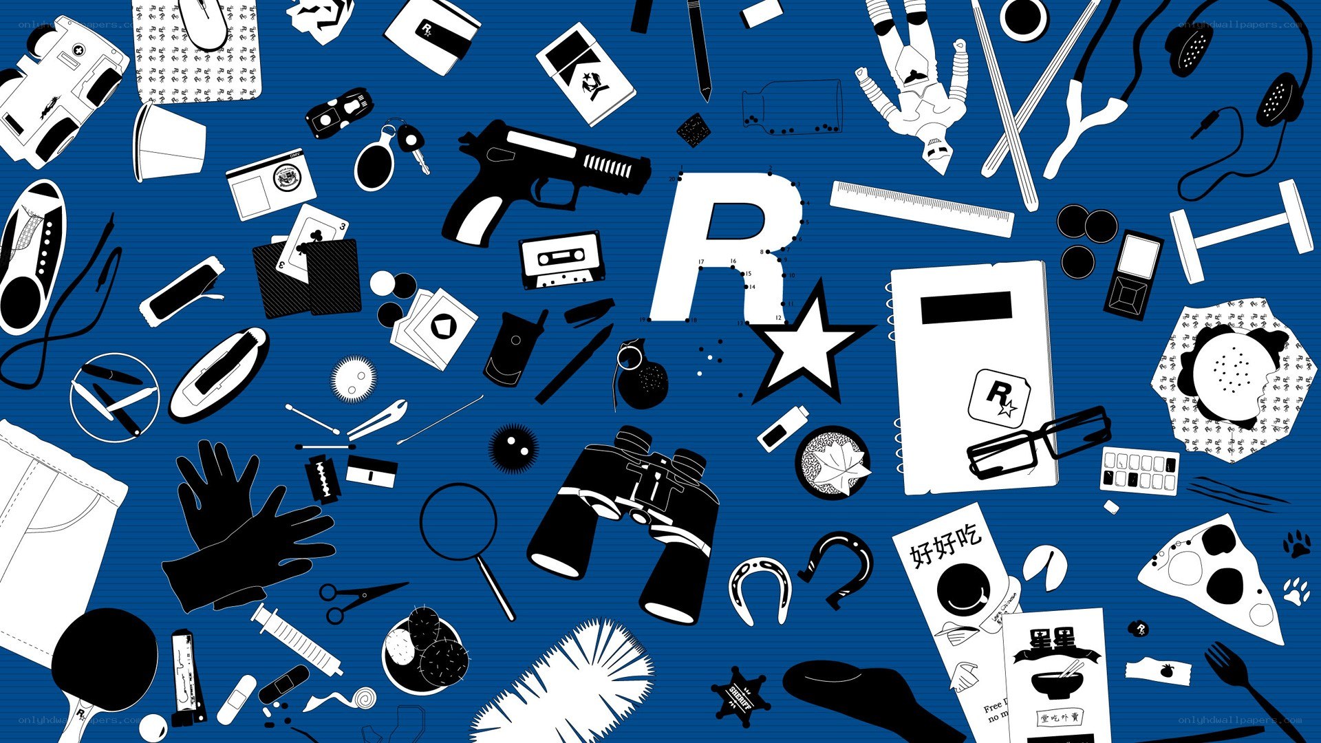 Rockstar Games logo with game items