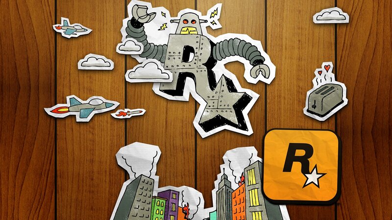 Rockstar Games logo with robot and city