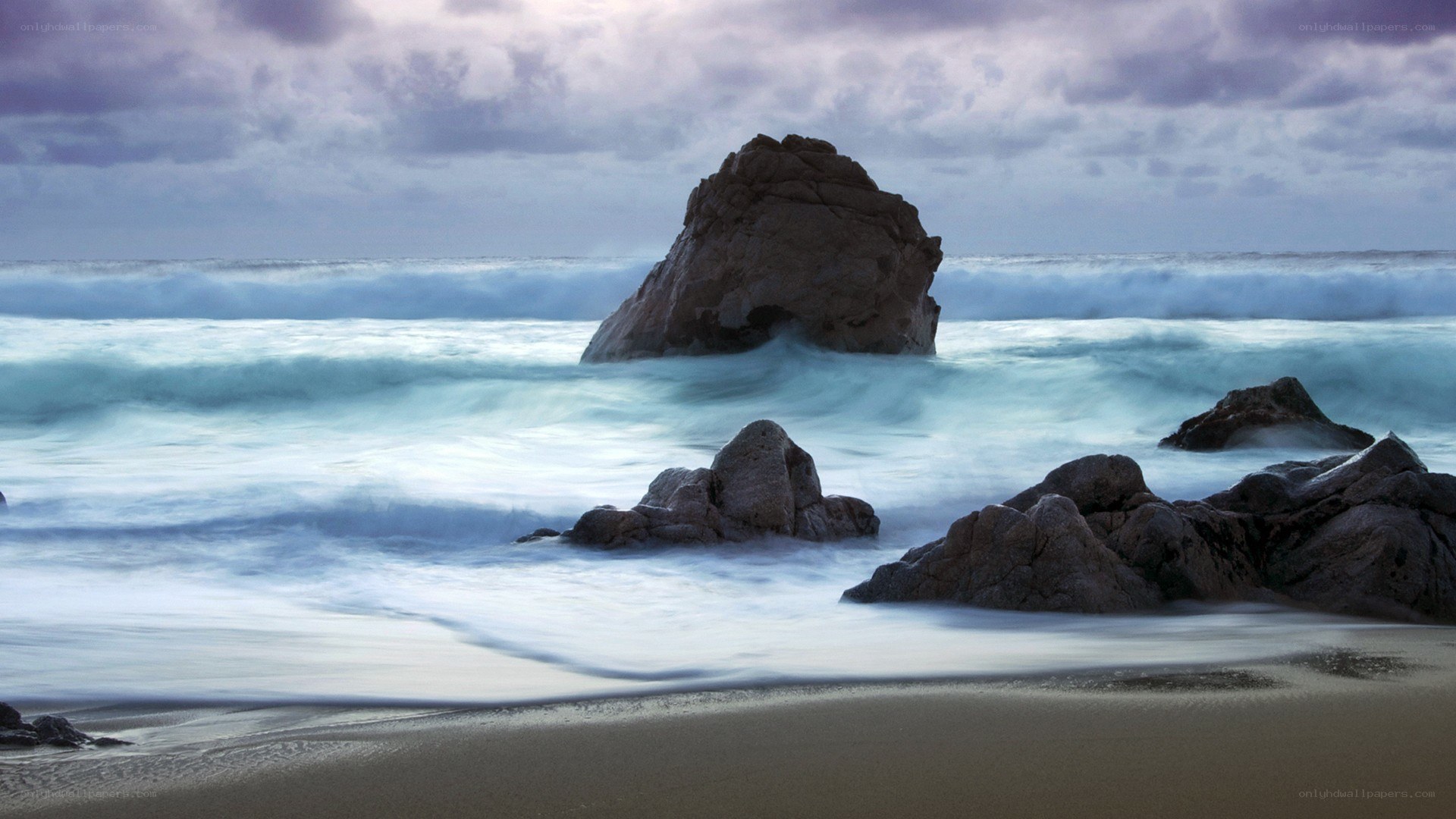 Rocky beach at dusk