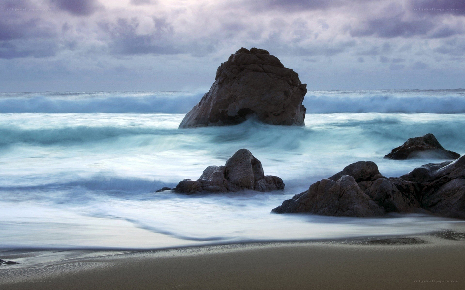 Rocky beach at dusk