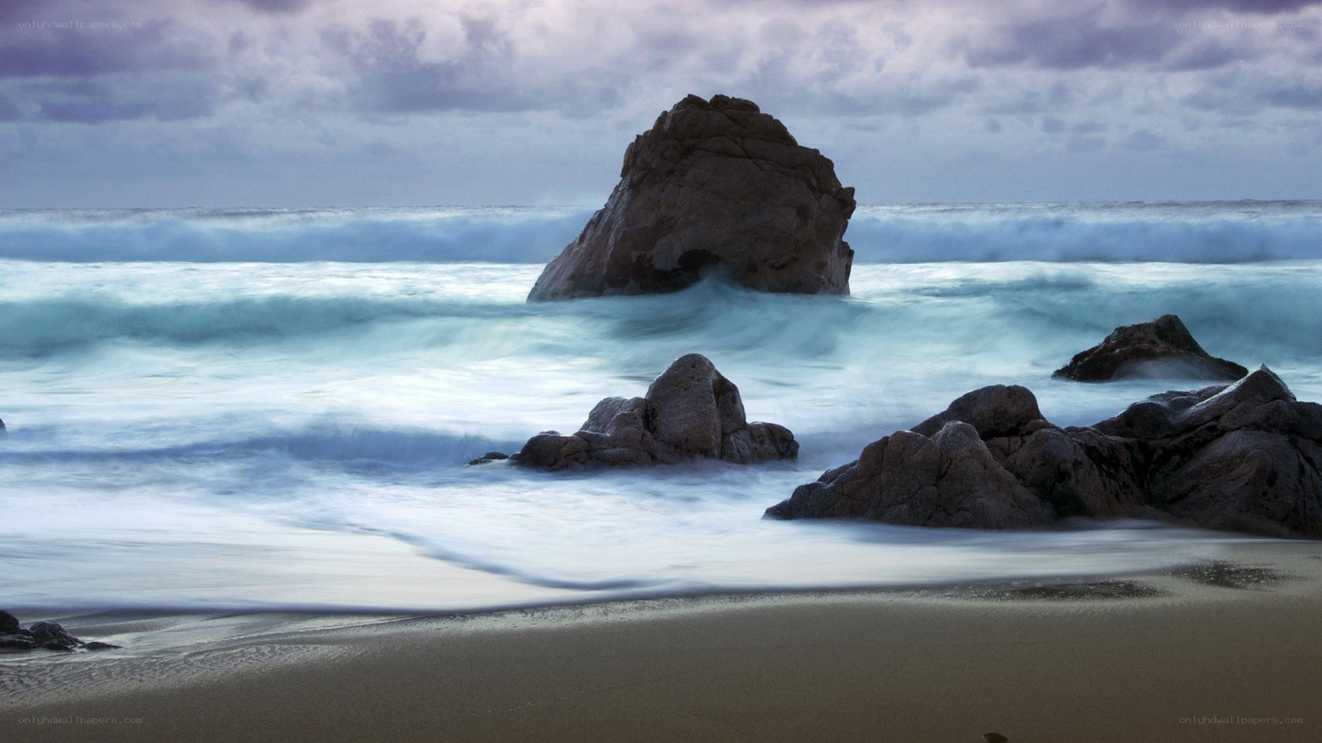 Rocky beach at dusk
