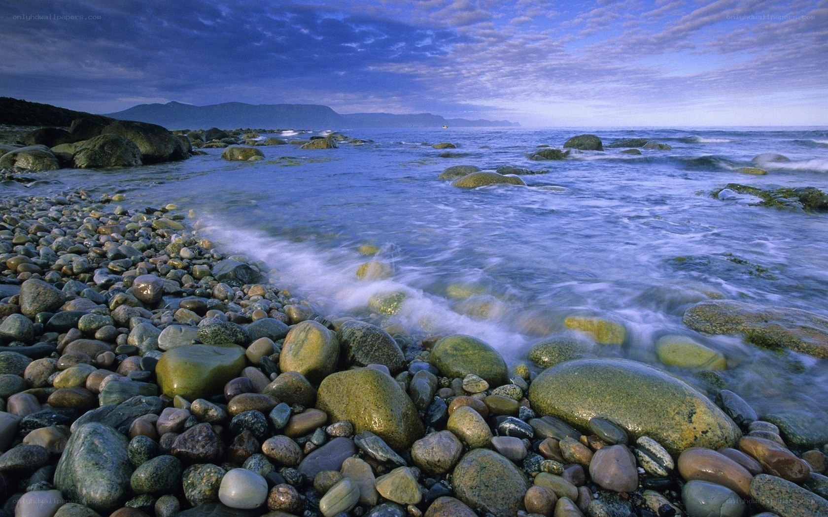 Rocky beach at dusk