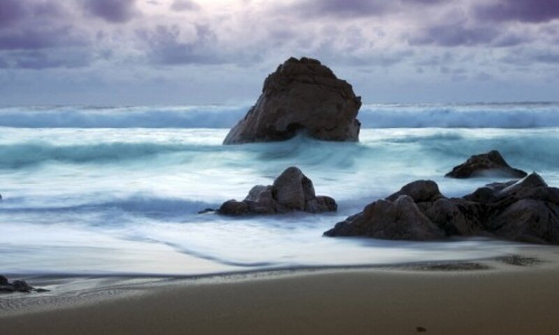 Rocky beach at dusk