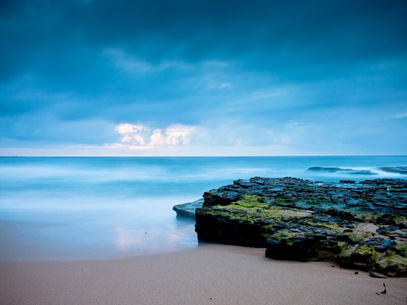 Rocky Beach at Dusk — Blue, Calm, Night, Photograph