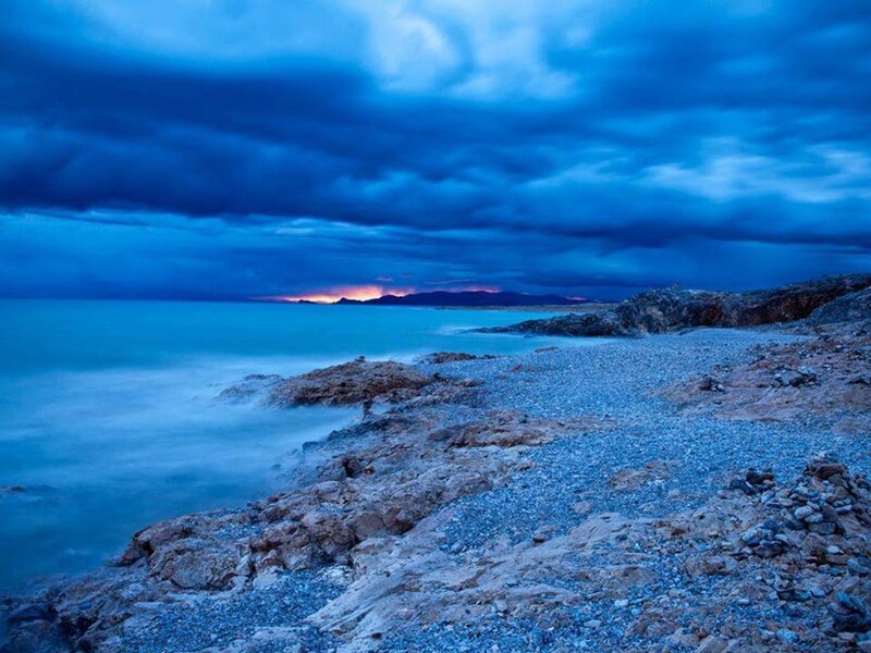 Rocky Beach at Dusk — Blue, Dramatic, Night, Photograph, Ocean, Clouds