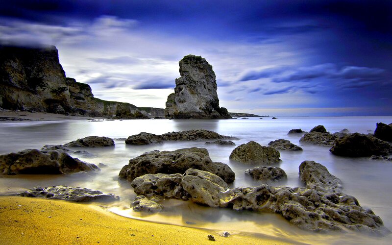 Rocky Beach at Dusk — Blue, Dramatic, Night, Photograph, Rocks, Cliffs