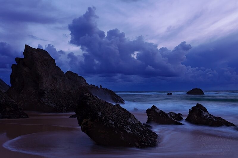 Rocky Beach at Dusk — Blue, Dramatic, Night, Photograph, Rocks, Ocean, Clouds
