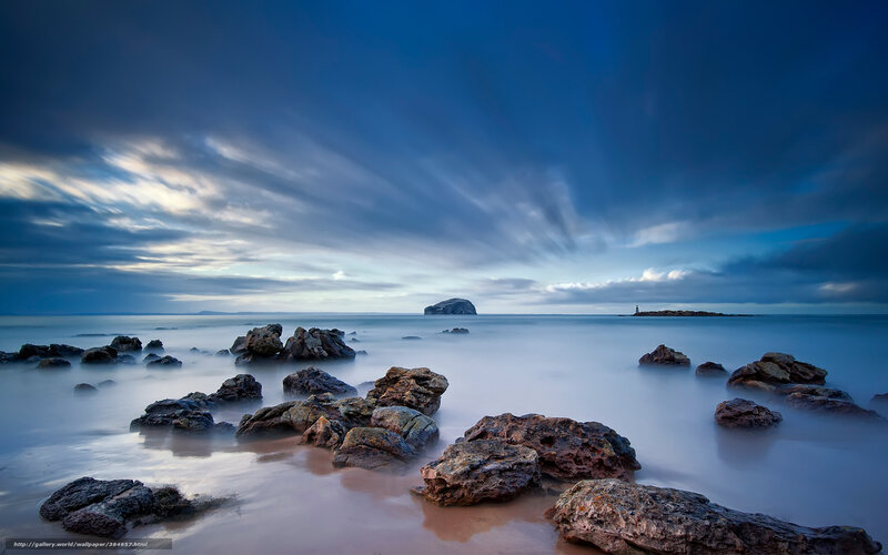 Rocky Beach at Dusk — Blue, Dramatic, Night, Photograph, Rocks, Sea, Sky