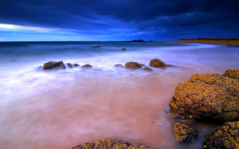 Rocky Beach at Dusk — Blue, Dramatic, Night, Photograph, Rocks