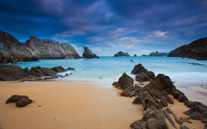 Rocky Beach at Dusk — Blue, Dramatic, Night, Photograph