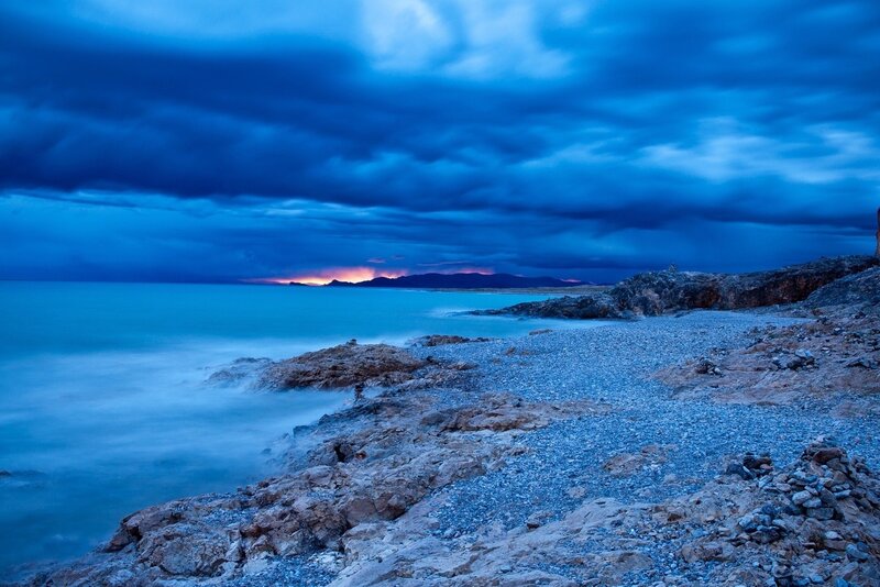 Rocky Beach at Dusk — Blue, Dramatic, Night