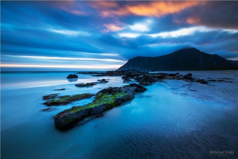 Rocky Beach at Dusk — Blue, Dramatic, Sunset, Photograph, Mountain