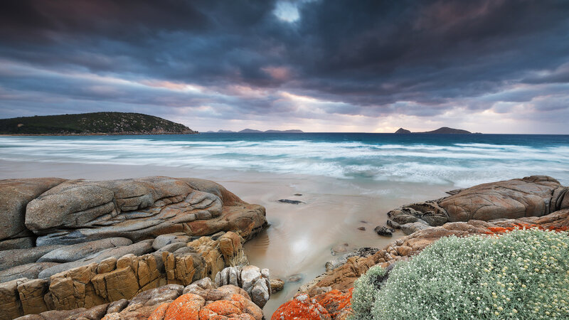Rocky Beach at Dusk — Blue, Dramatic, Sunset, Photograph, Ocean, Island, Clouds
