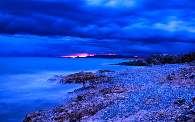 Rocky Beach at Dusk — Blue, Dramatic, Sunset, Photograph, Ocean