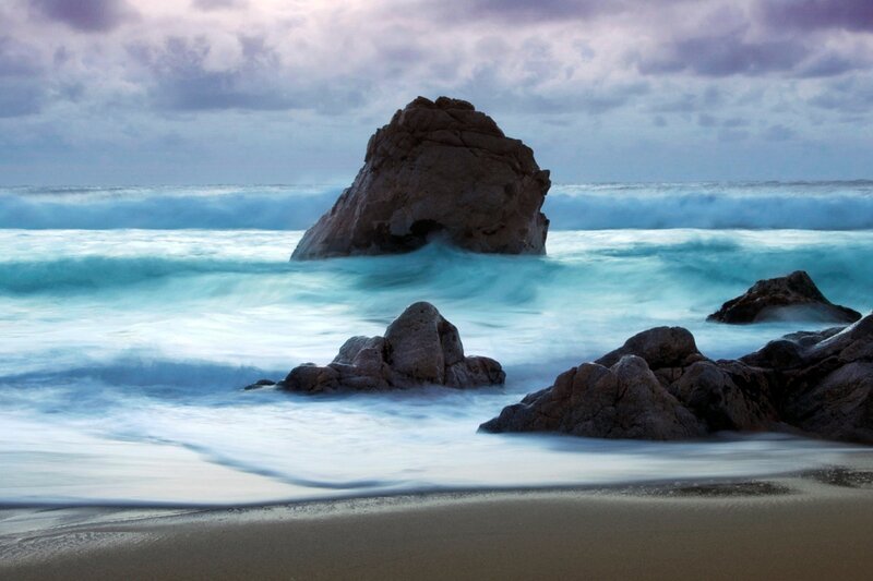 Rocky Beach at Dusk — Blue, Dramatic, Sunset, Photograph, Rocks, Ocean