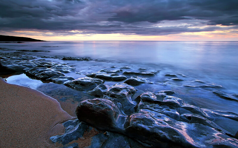 Rocky Beach at Dusk — Blue, Dramatic, Sunset, Photograph, Rocks, Sand