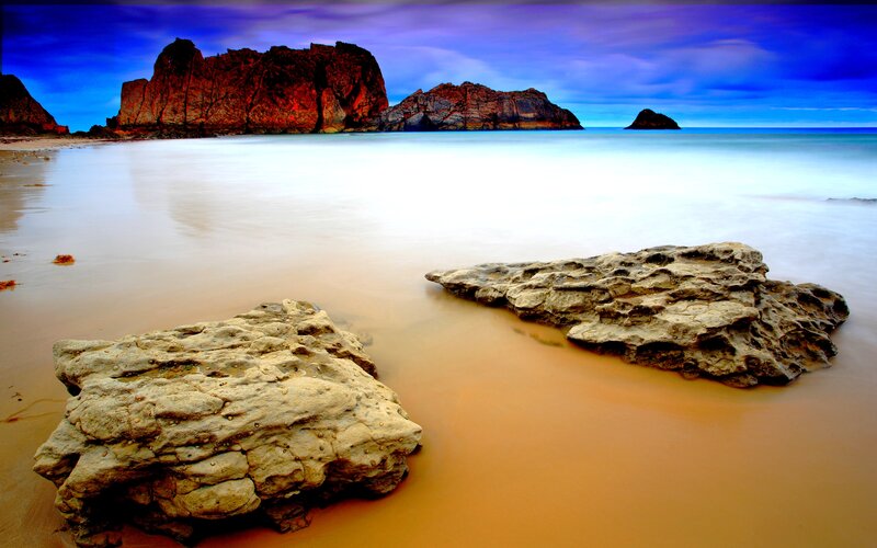 Rocky Beach at Dusk — Blue, Dramatic, Sunset, Photograph, Rocks