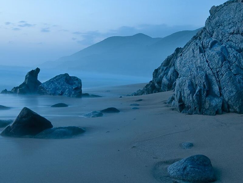 Rocky Beach at Dusk — Blue, Serene, Night