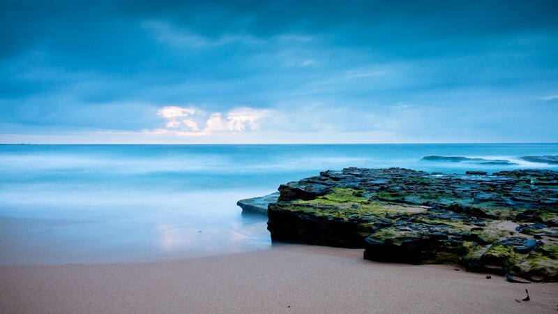 Rocky Beach at Dusk — Blue, Serene, Photograph, Sand, Ocean