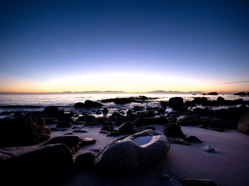 Rocky Beach at Dusk — Blue, Serene, Sunset, Photograph, Rocks, Ocean, Sky