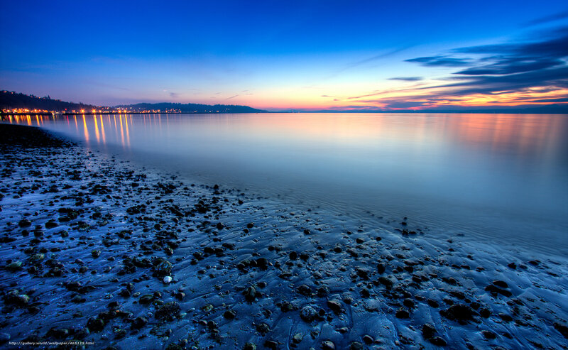 Rocky Beach at Dusk — Blue, Serene, Sunset, Photograph, Water