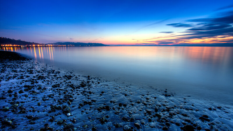 Rocky Beach at Dusk — Blue, Serene, Sunset