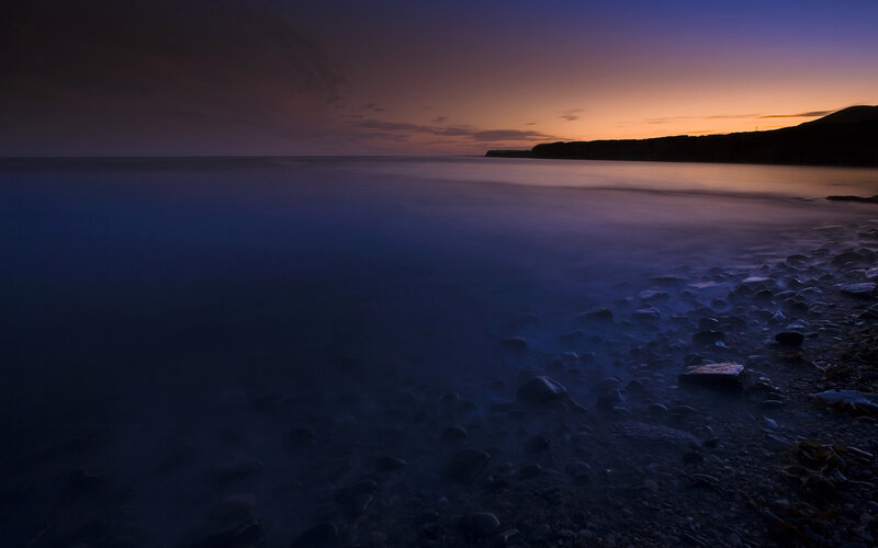 Rocky Beach at Dusk — Purple, Serene, Sunset, Photograph, Ocean, Sky