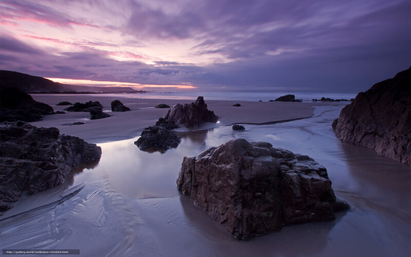 Rocky Beach at Dusk — Purple, Serene, Sunset, Photograph, Rocks