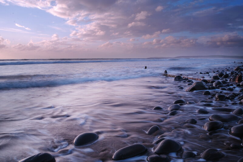 Rocky Beach at Dusk — Purple, Serene, Sunset