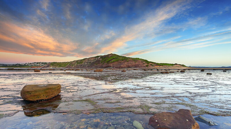 Rocky Beach at Low Tide — Blue, Serene, Sunset