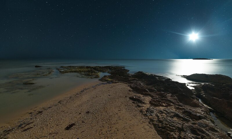 Rocky Beach at Night — Blue, Serene, Photograph