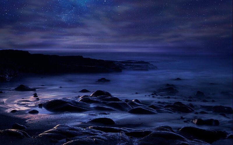 Rocky Beach at Night — Blue, Serene