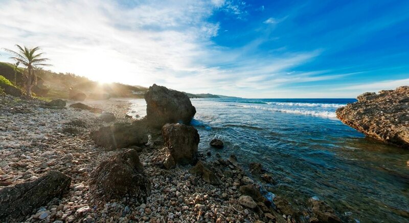 Rocky Beach at Sunrise — Blue, Serene, Photograph, Palm Tree