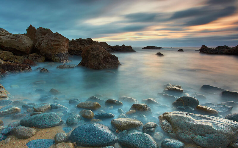 Rocky beach at sunset