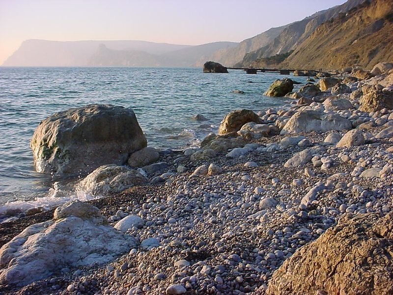 Rocky beach at sunset