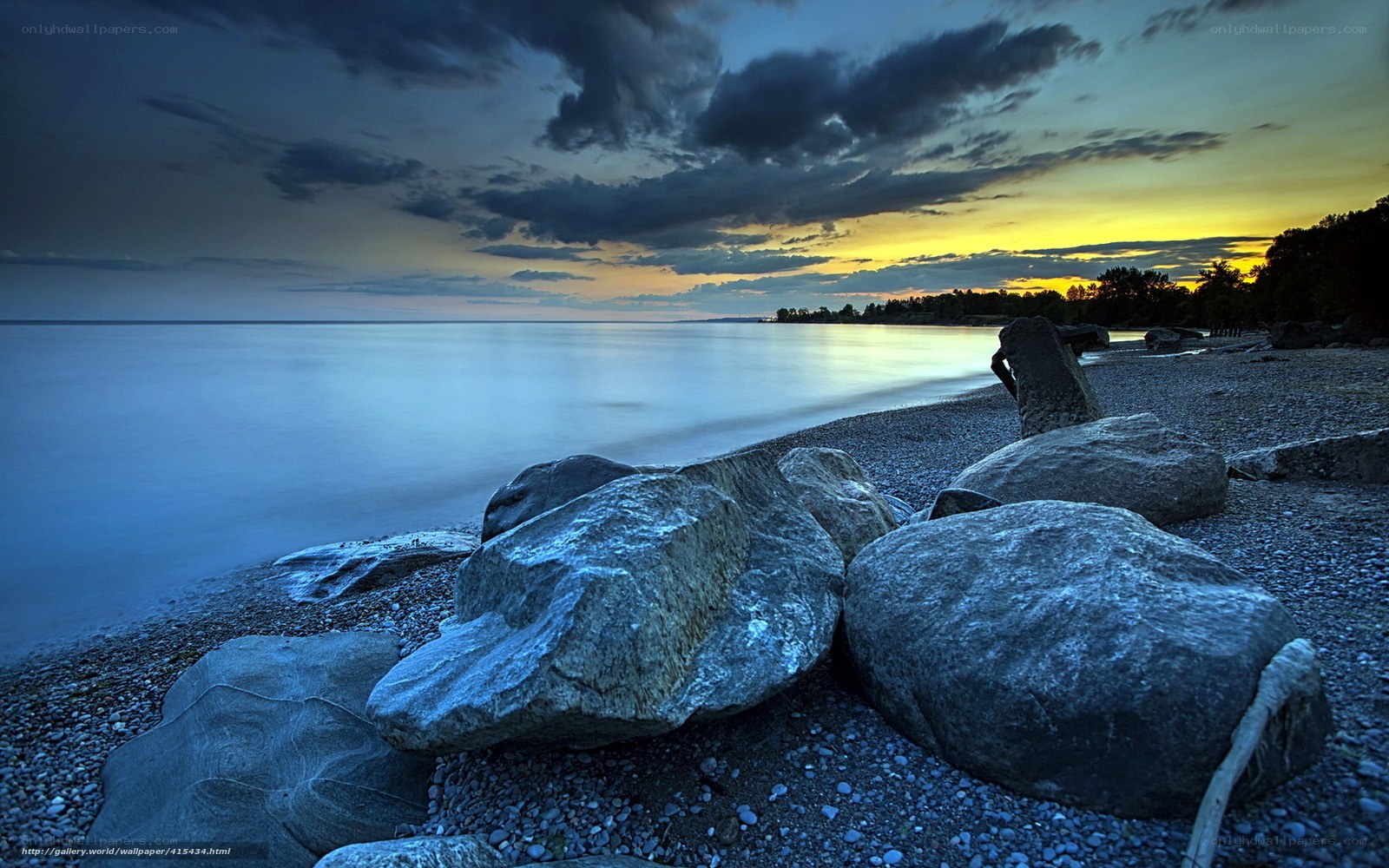 Rocky beach at sunset