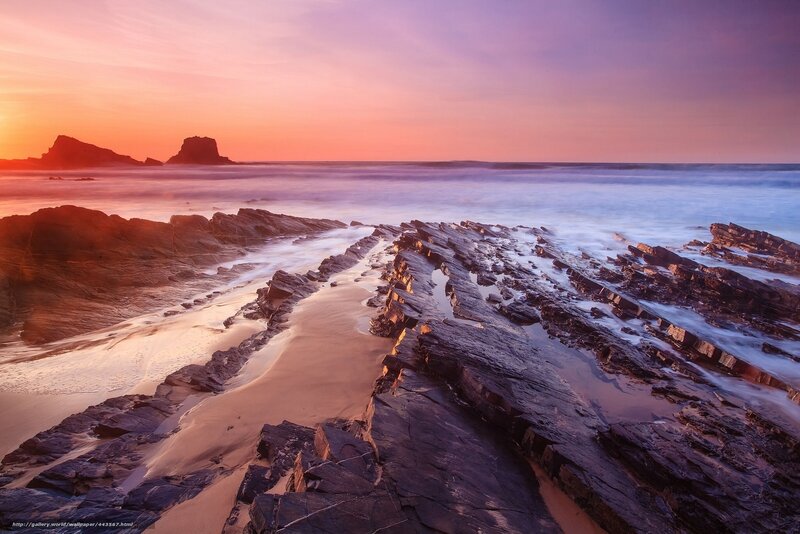 Rocky beach at sunset