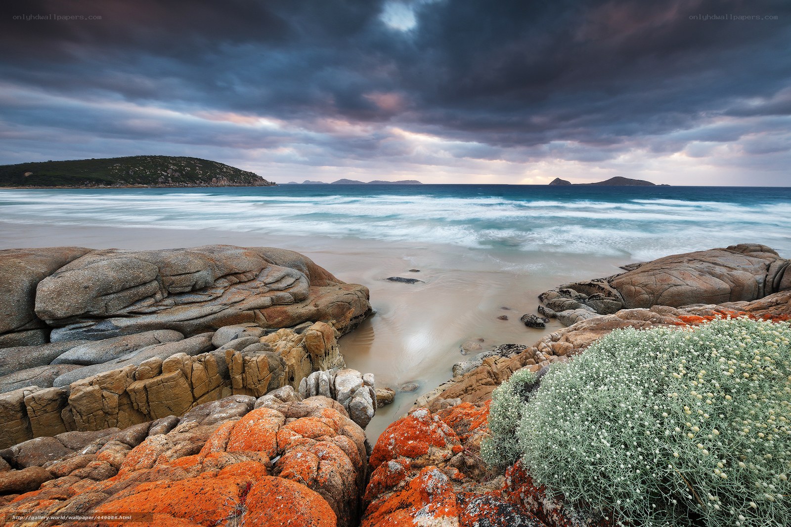 Rocky beach at sunset