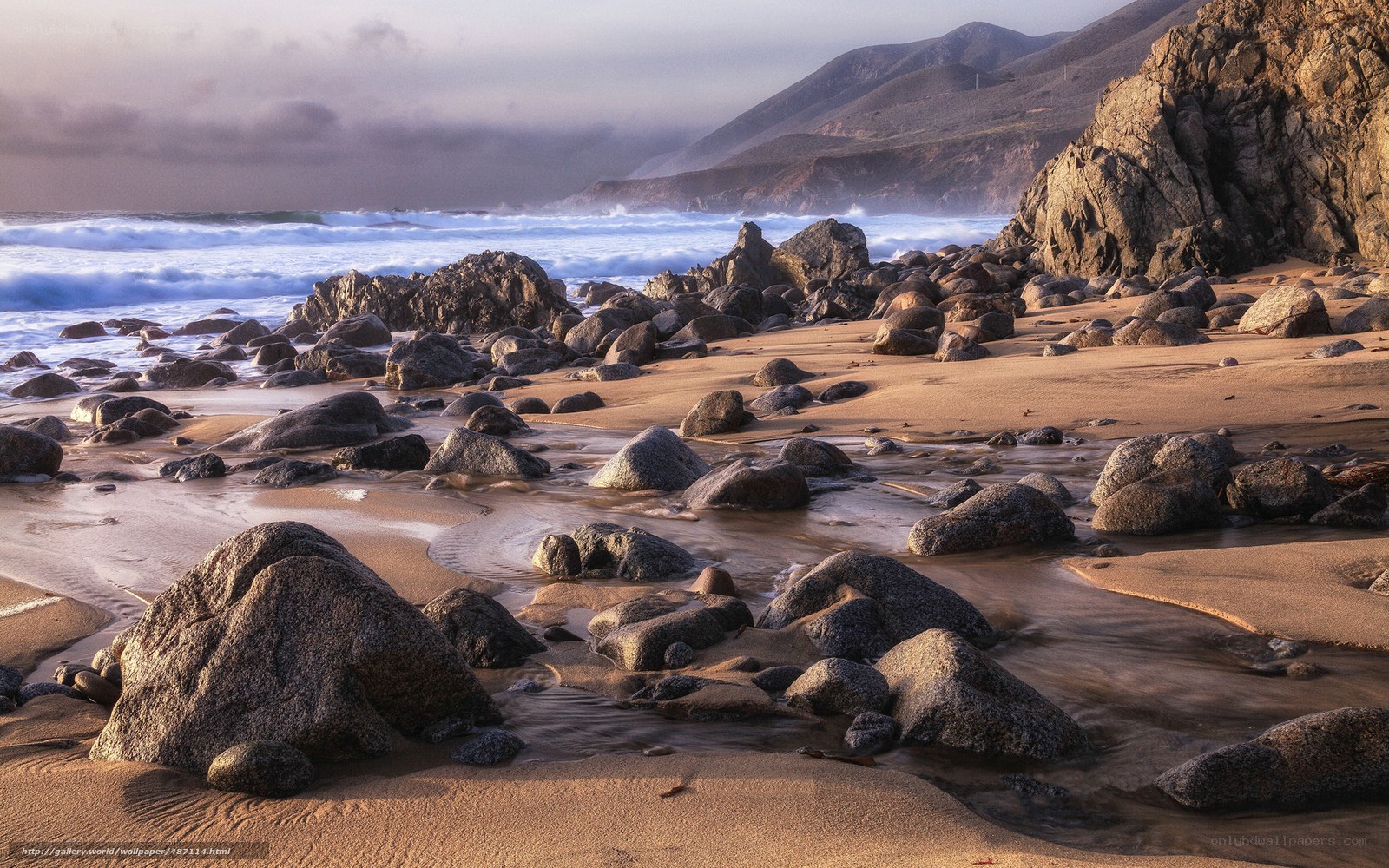 Rocky beach at sunset