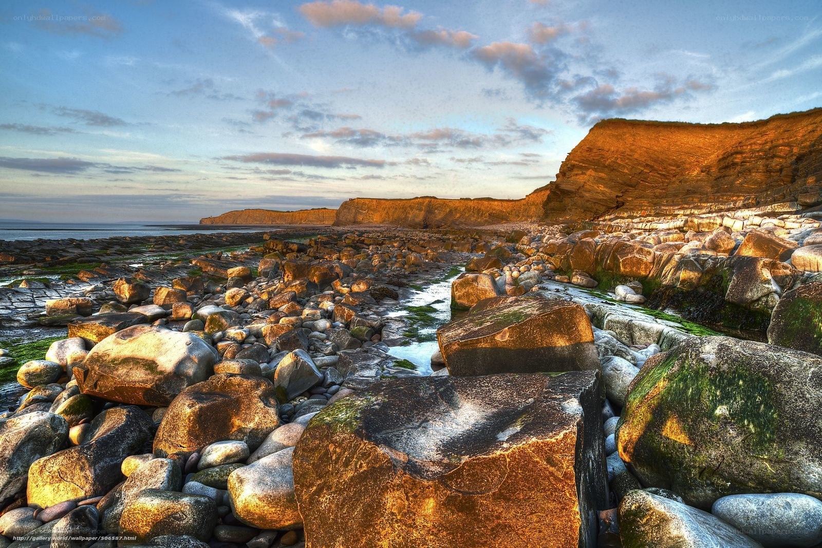 Rocky beach at sunset