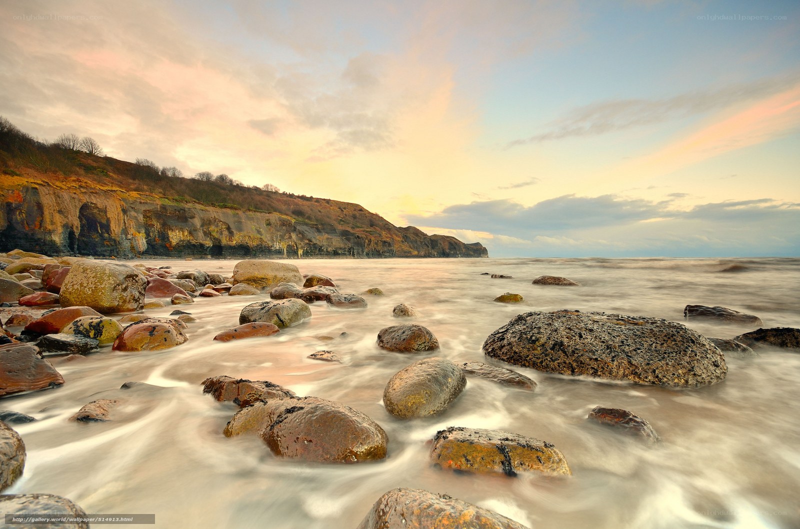 Rocky beach at sunset