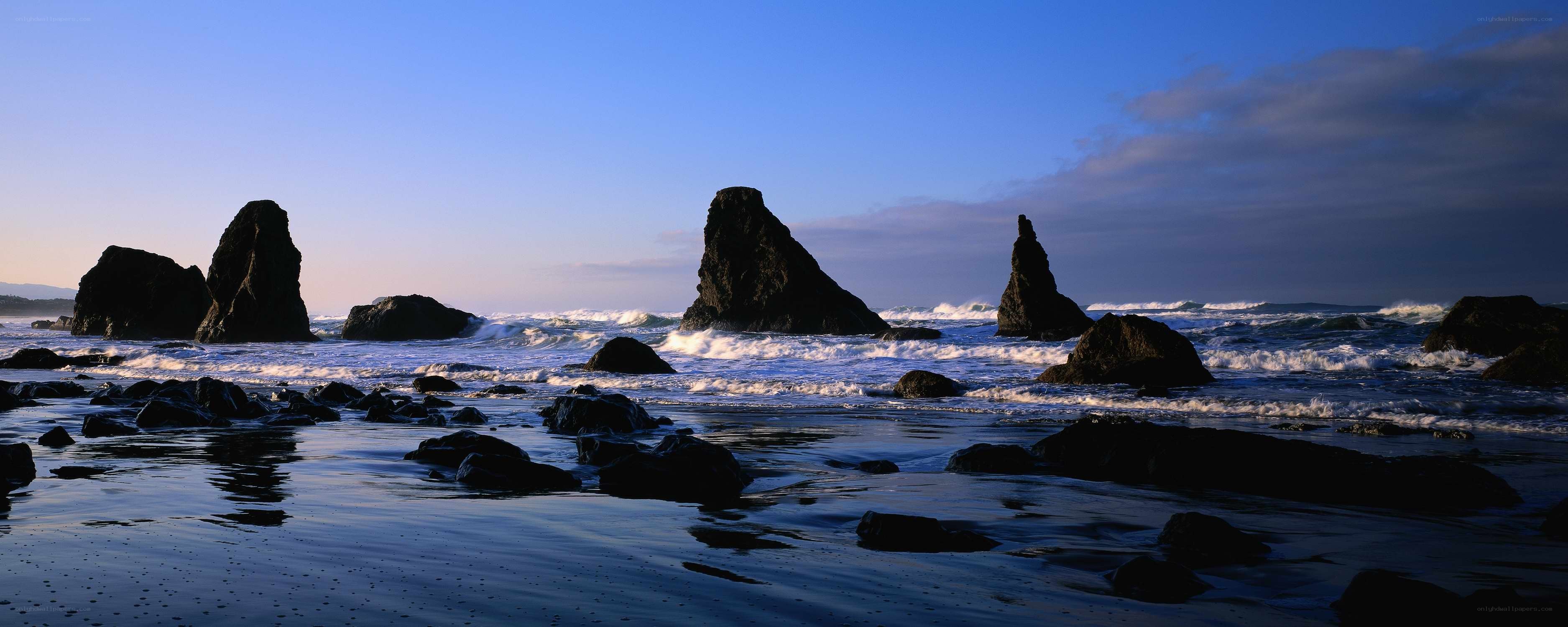 Rocky beach at sunset